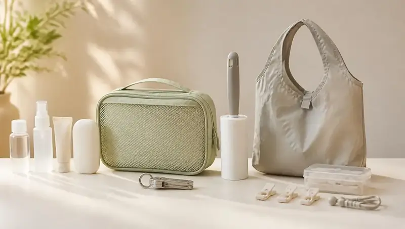 Everyday essentials including travel bottles, a mesh wash pouch, a lint roller and a foldable bag